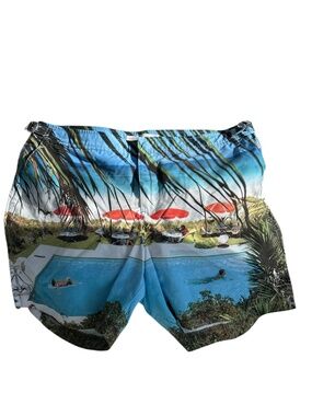 Orlebar Brown swim trunks tropical beach ocean front cafe postcard scene sz 36